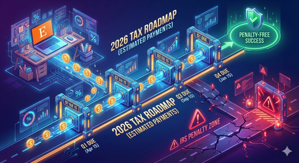 Isometric illustration of an Etsy quarterly estimated tax payment timeline for 2026 to avoid penalties.