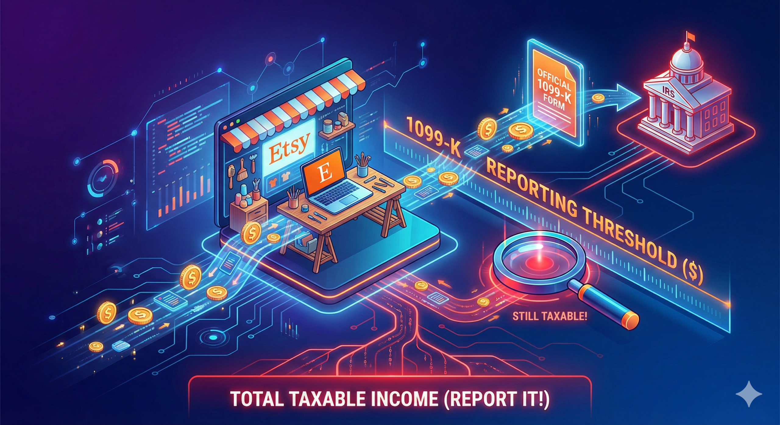 Isometric illustration showing Etsy sales income below the 1099-K threshold is still taxable income. Etsy 1099-K.