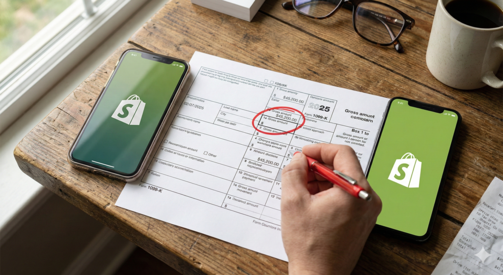 Shopify 1099-K form showing Box 1a Gross amount circled in red with a Shopify mobile app screen nearby.