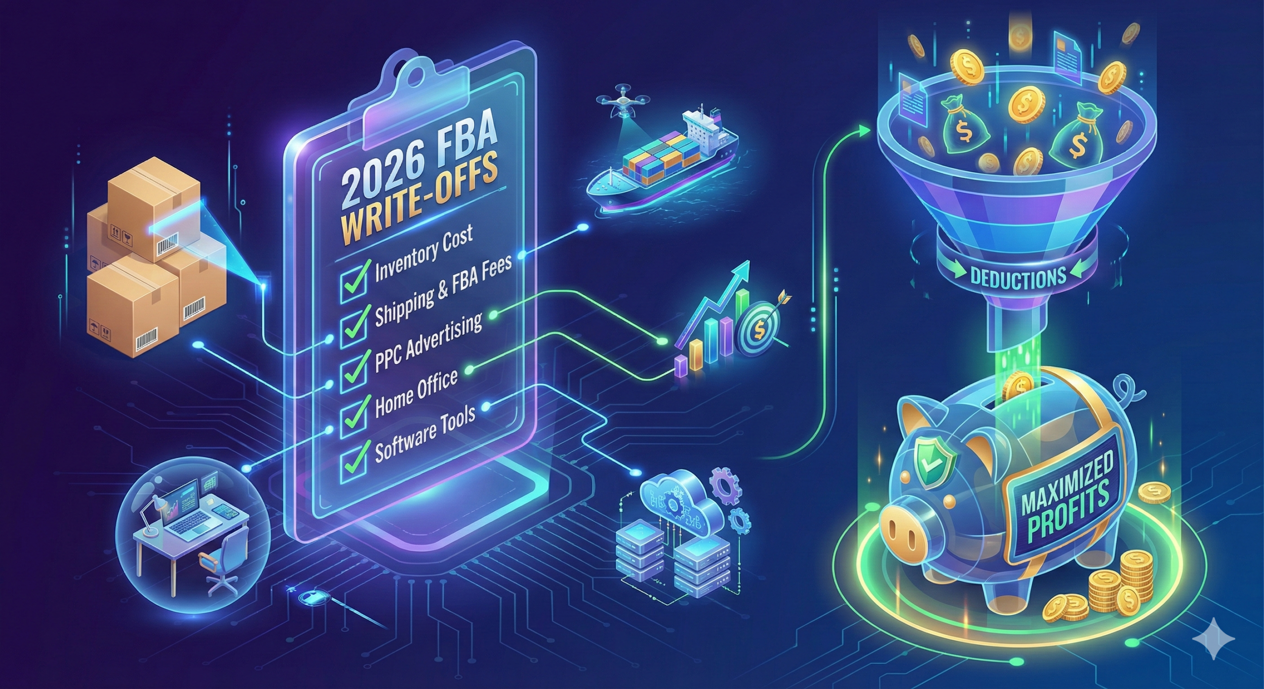 Isometric illustration of an Amazon FBA tax deduction checklist and funnel maximizing profits.