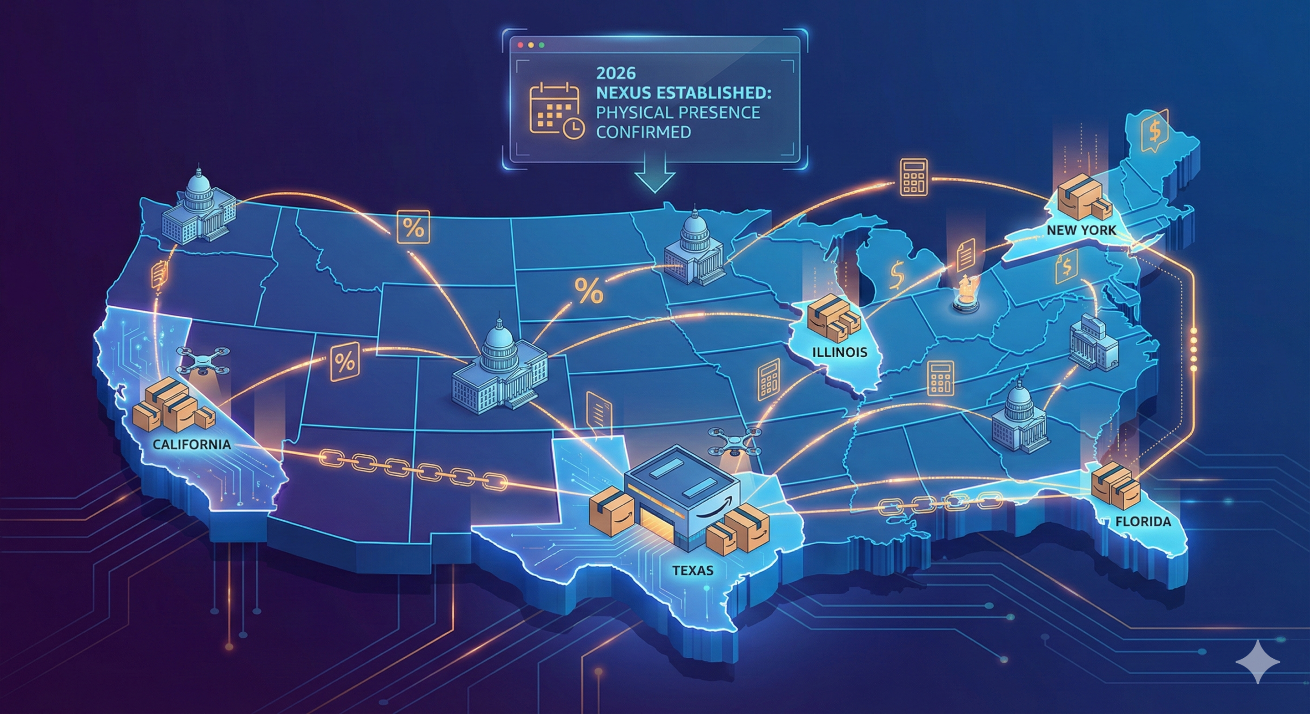 Isometric illustration of Amazon FBA inventory in warehouses creating Sales Tax Nexus across a US map.