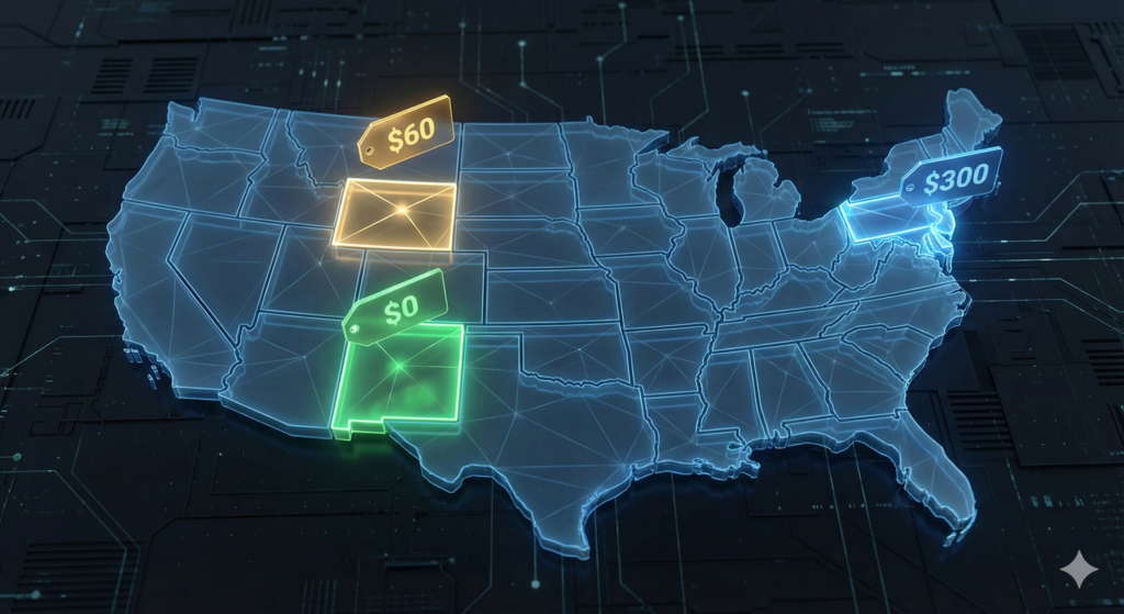 US map highlighting Best States for E-commerce LLCs: Wyoming, Delaware, and New Mexico.