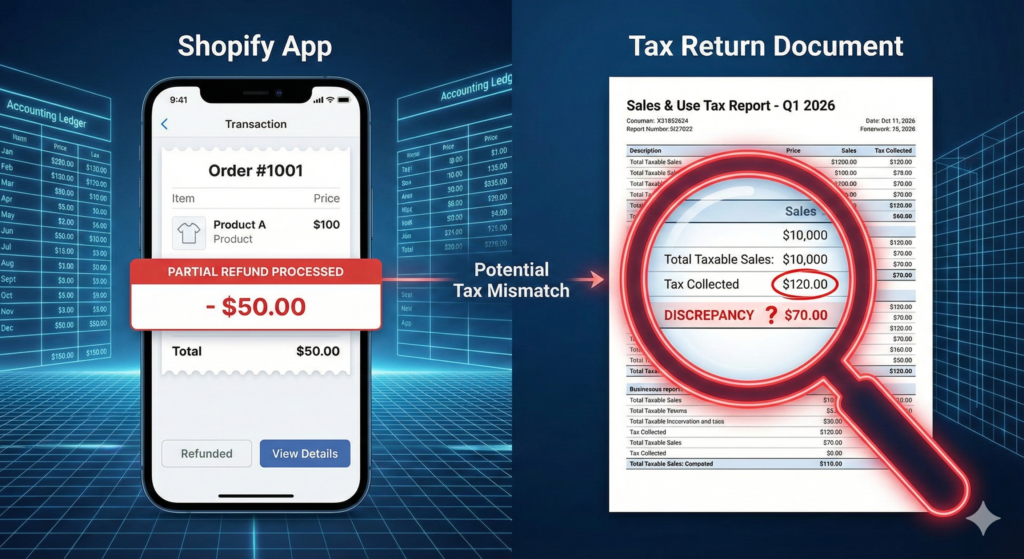 Comparison of top Shopify tax apps and reporting glitches showing a partial refund error on a screen.