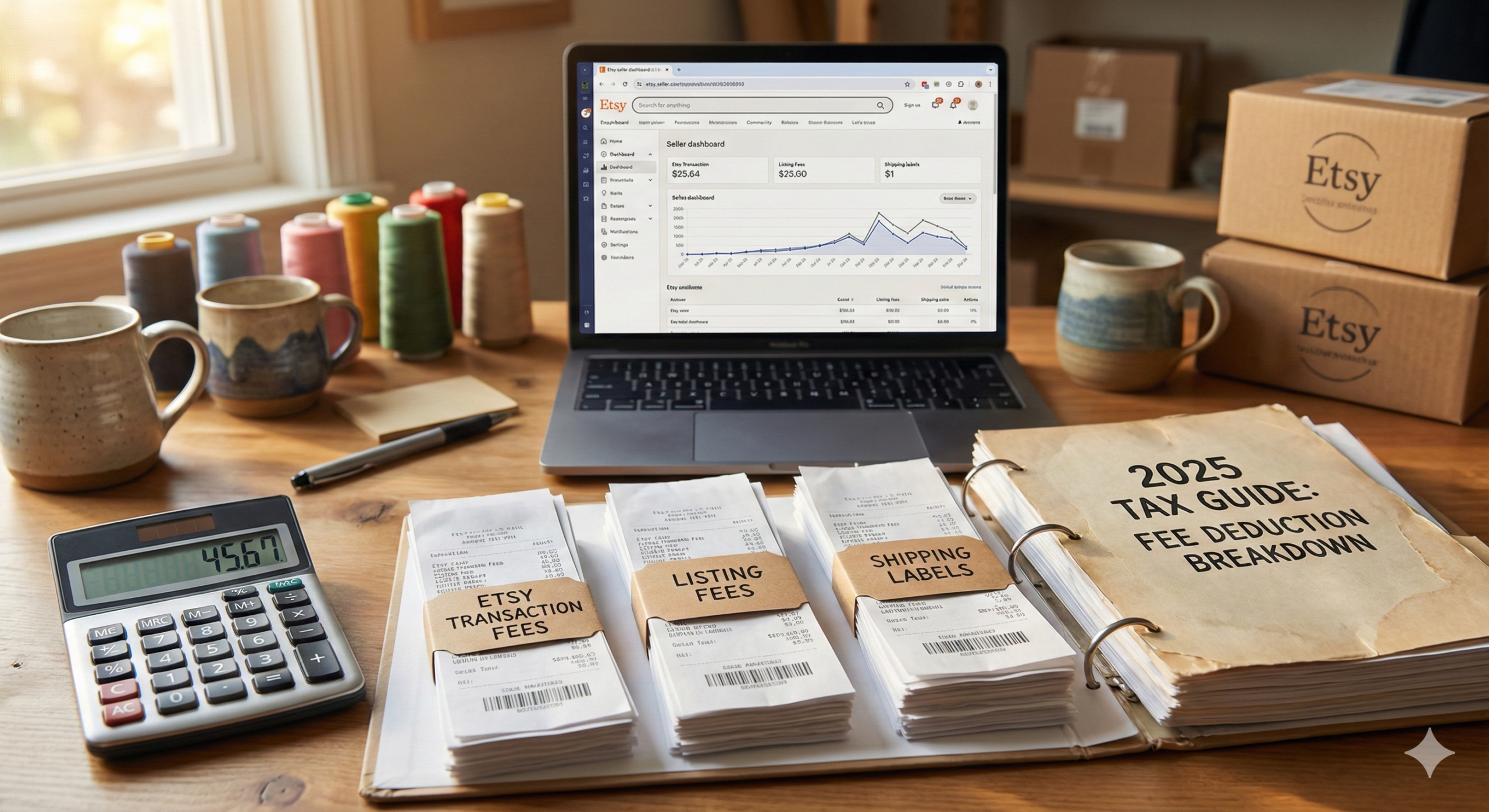 Realistic photo of an deduct Etsy fees seller's desk with categorized receipts for transaction and listing fees next to a 2025 tax guide.