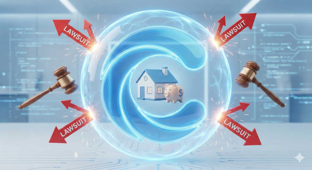 Sole Proprietorship vs LLC comparison showing the corporate veil protecting personal assets like a house.