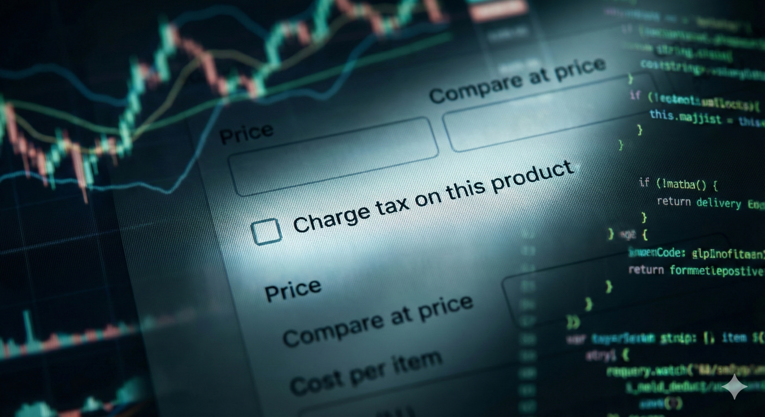 Critical Shopify sales tax setting showing the 'Charge tax on this product' checkbox left unchecked on a product page screen.