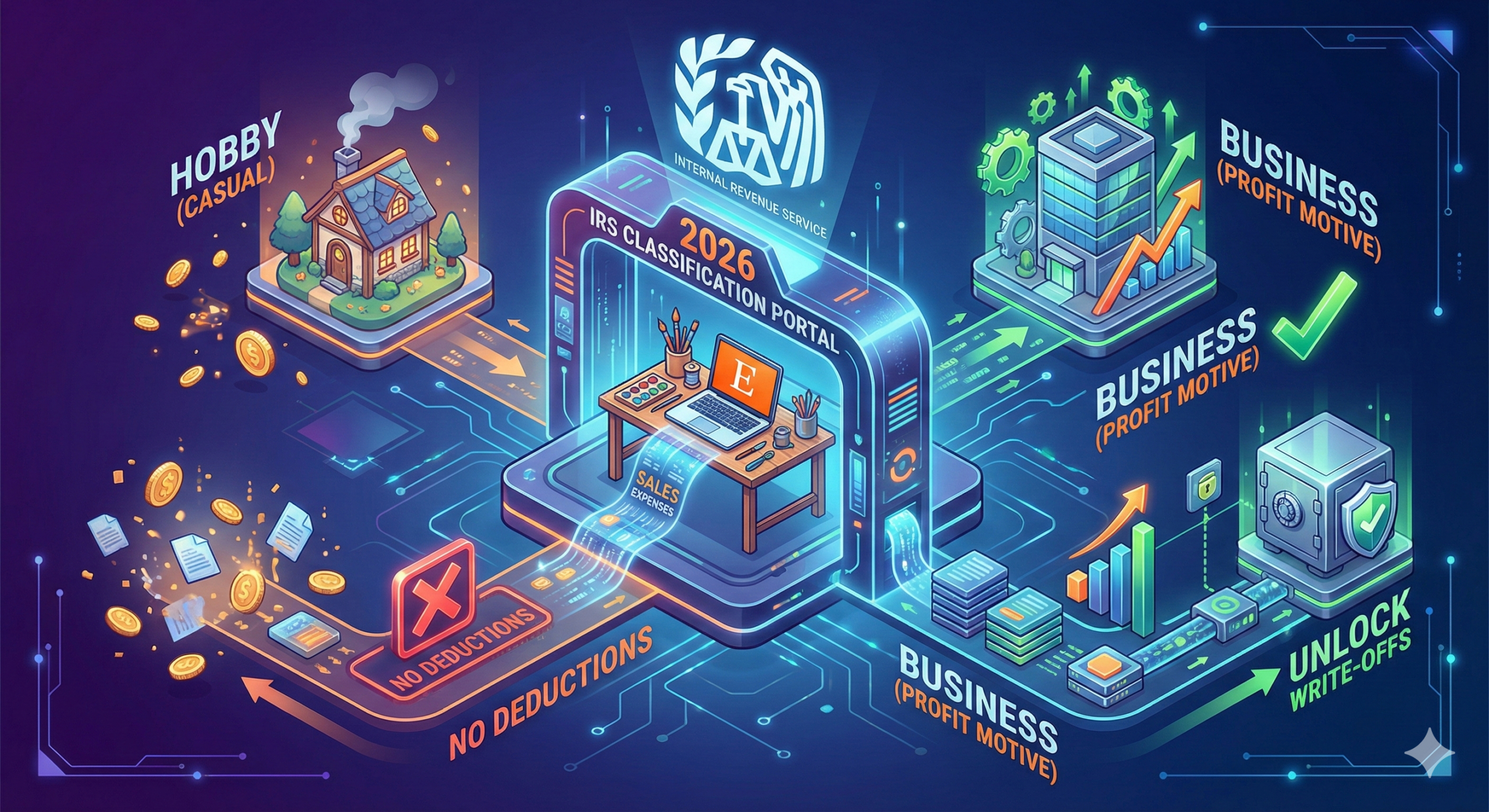 Etsy hobbie vs business. Isometric illustration of an Etsy shop being classified by an IRS scanner into Hobby or Business categories for 2026 taxes. Etsy hobby vs business.
