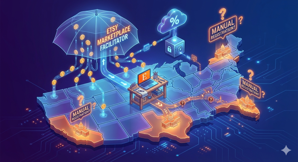 Isometric illustration of an Etsy seller on a US map navigating sales tax registration vs marketplace automated collection.