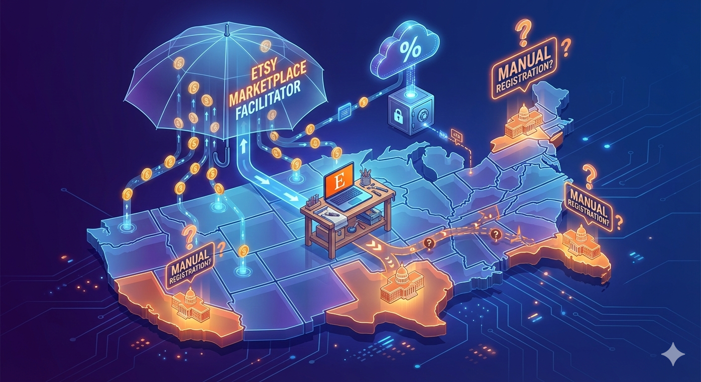 Isometric illustration of an Etsy seller on a US map navigating sales tax registration vs marketplace automated collection.