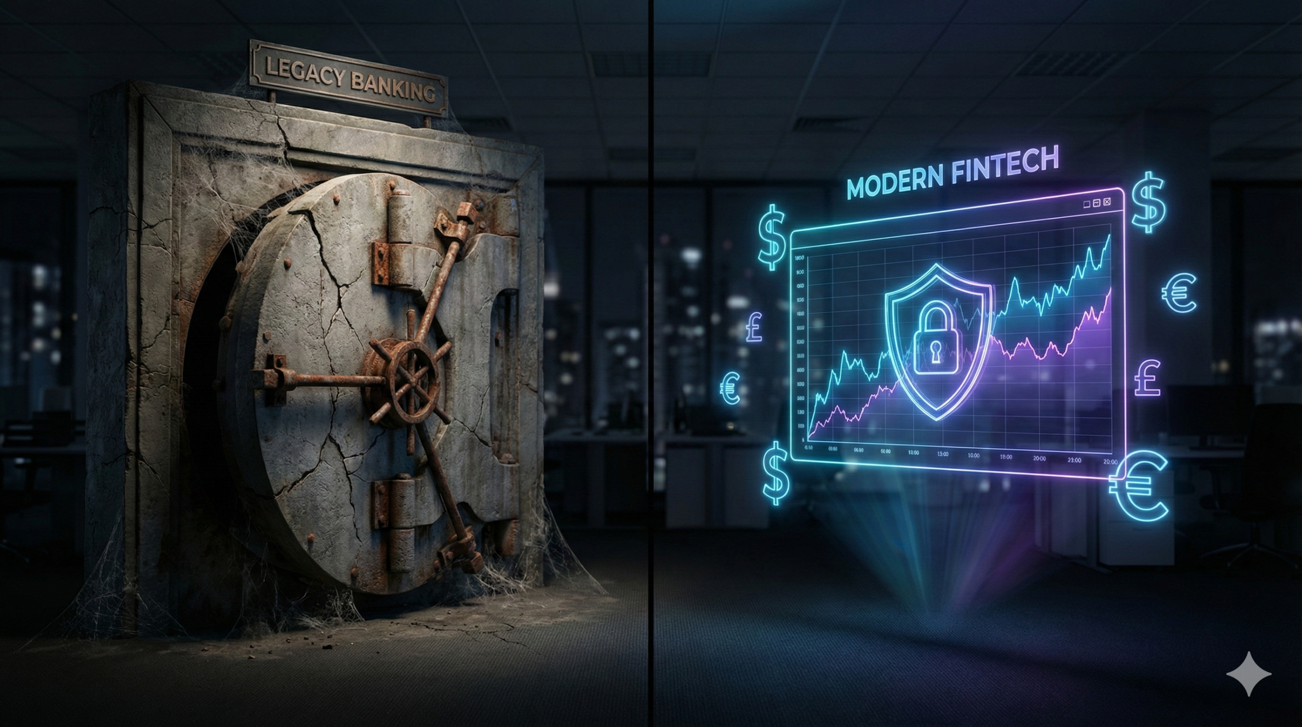 Comparison between a traditional old bank vault and a modern high-tech fintech dashboard, illustrating the best business bank accounts for e-commerce in 2026 like Mercury, Relay, and Wise.
